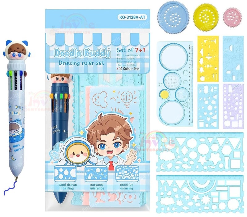 Invite Enterprise Cute Creative Doodle Ruler Stationery Set for Kids – DIY Drawing Tools, Stencils & Geometric Shapes for Fun Learning & Art Projects Supplies for School & Home Use (Astronaut-KQ3128B) - Image 1