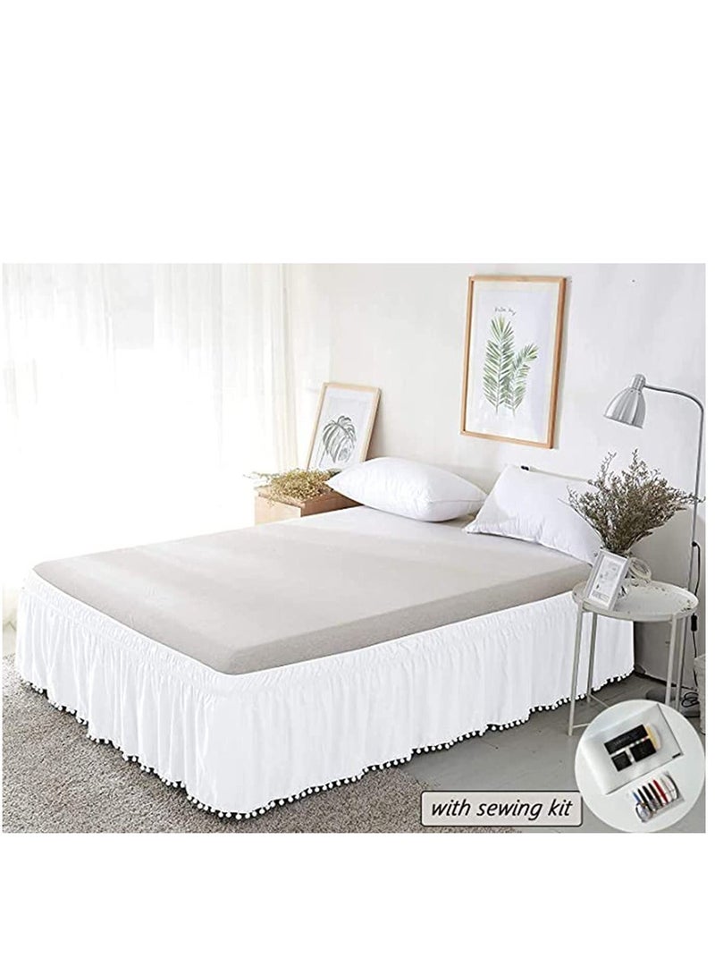Queen Bed Skirt, Elegant Comfort Top-Knot Tassle Pompom Fringe Ruffle Skirt Around Style Elastic Bed Wrap- Wrinkle Resistant 16inch Drop, White  - Image 2