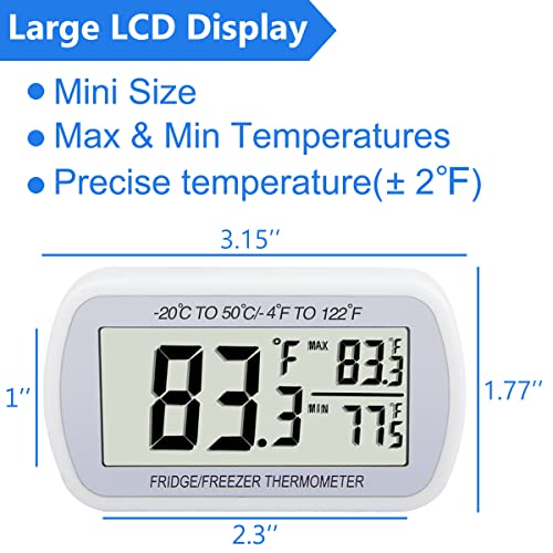 RIY Digital Refrigerator Thermometer 2 Pack Fridge Freezer Room Thermometer Waterproof Large LCD Display Max/Min Record Function, White - Image 2