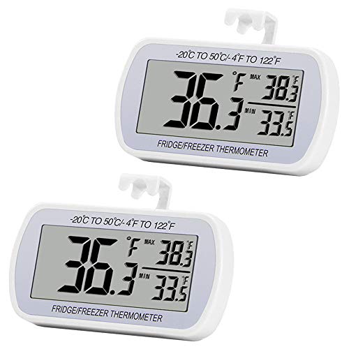 RIY Digital Refrigerator Thermometer 2 Pack Fridge Freezer Room Thermometer Waterproof Large LCD Display Max/Min Record Function, White - Image 1