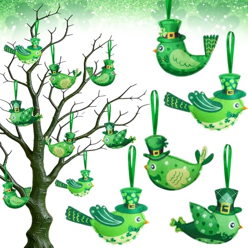 FULAIERGD 12 Pcs St Patrick's Day Tree Decoration,4 Style Birds Felt Saint Patricks Day Tree Hanging Ornament Decoration Green Fabric Shamrock Ornaments for Tree Baubles Table Shelf Festival Home Party Decor - Image 1