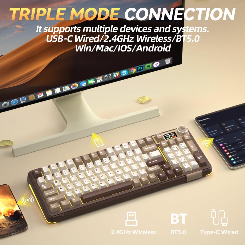 SOLAKAKA A99 Pro Mechanical Keyboard with LCD Screen & Metal Knob, Wireless Gaming Keyboard with BT5.0/2.4GHz/USB-C, Hot Swappable Creamy Keyboard, Gasket Structure, RGB Backlit, for Win/Mac - Image 3