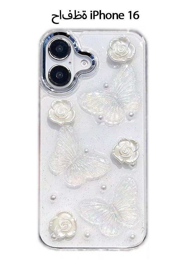 دبليو أف أف أو لحافظات iPhone 16 - جراب هاتف 3D Crystal Butterfly - غطاء هاتف كاميليا أبيض شفاف - حافظة هاتف واقية من الصدمات TPU - أنيق وبسيط - هدية - Image 1
