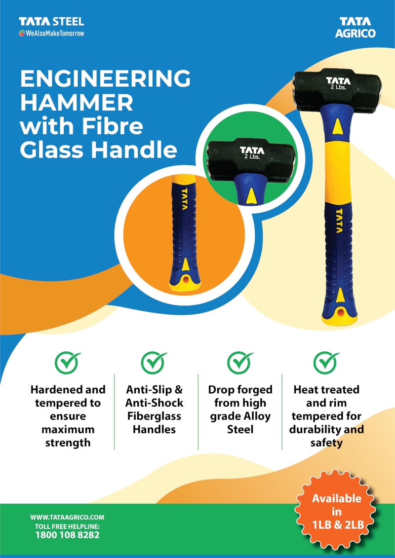 AGRICO TATA Agrico Engineering Hammer 1lb (HMC010) | 10 Inch Fiberglass Handle | Heavy Duty Double Faced Hammer | Shot Blasted Smooth Head | IS Certified | Rust Resistant Paint Finish | Pack of 1 - Image 2