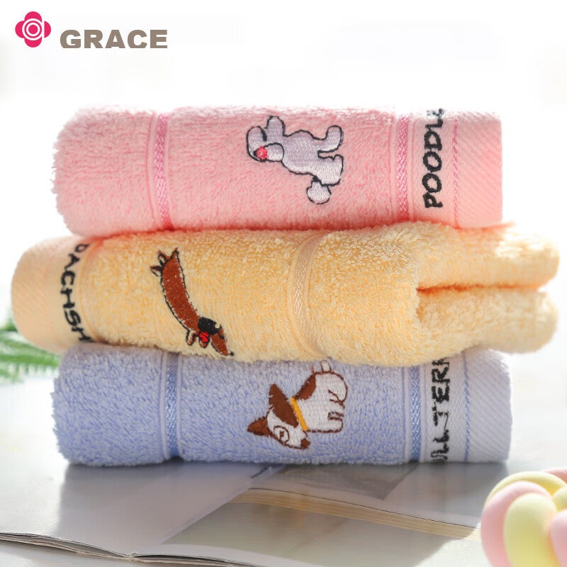 JD Jing Zao Grace Children's Towel, Class A Antibacterial Pure Cotton Face Towel for Home Use, Cartoon Cute Baby Absorbent Small Towel, Pack of 3 - Image 3
