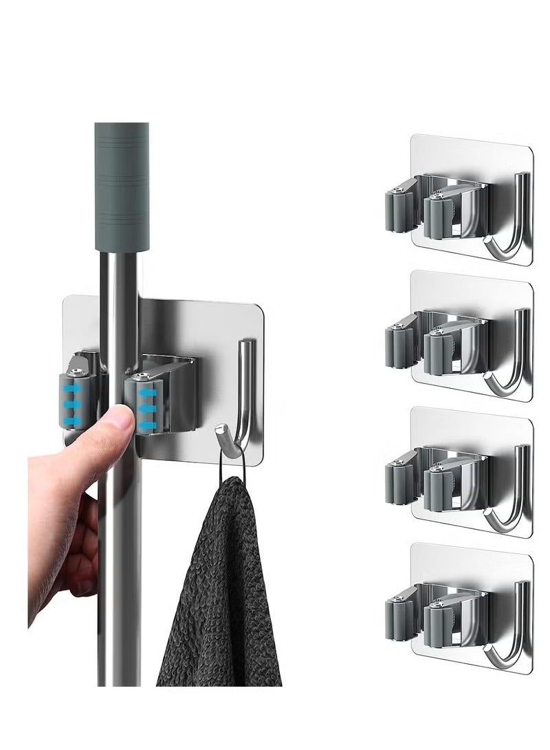 Mop Holder for Kitchen, Home Garage and Laundry, Mop Holder with Wall Mount, Multipurpose Mop and Broom Holder Organizer (Pack of 4) - Silver - Image 1