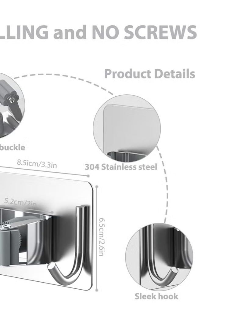 Mop Holder for Kitchen, Home Garage and Laundry, Mop Holder with Wall Mount, Multipurpose Mop and Broom Holder Organizer (Pack of 4) - Silver - Image 3