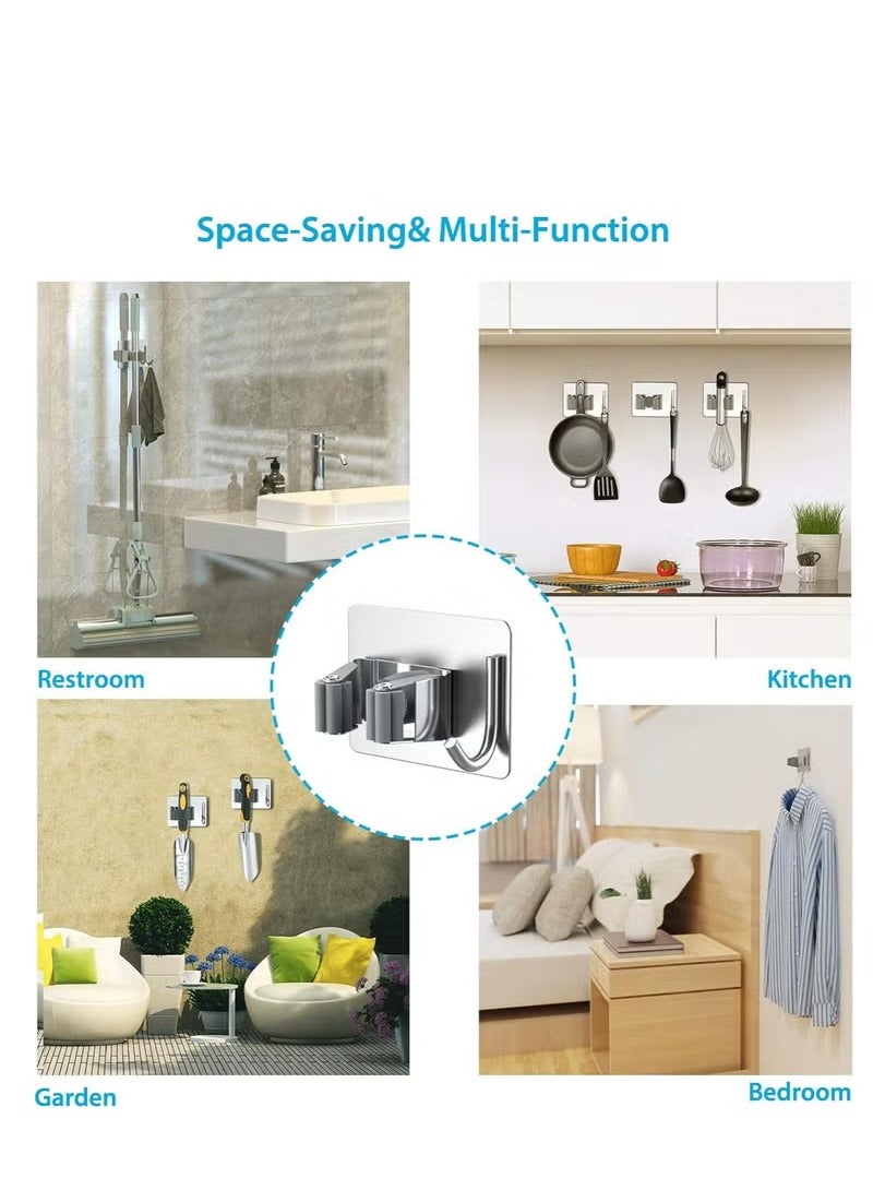 Mop Holder for Kitchen, Home Garage and Laundry, Mop Holder with Wall Mount, Multipurpose Mop and Broom Holder Organizer (Pack of 4) - Silver - Image 5