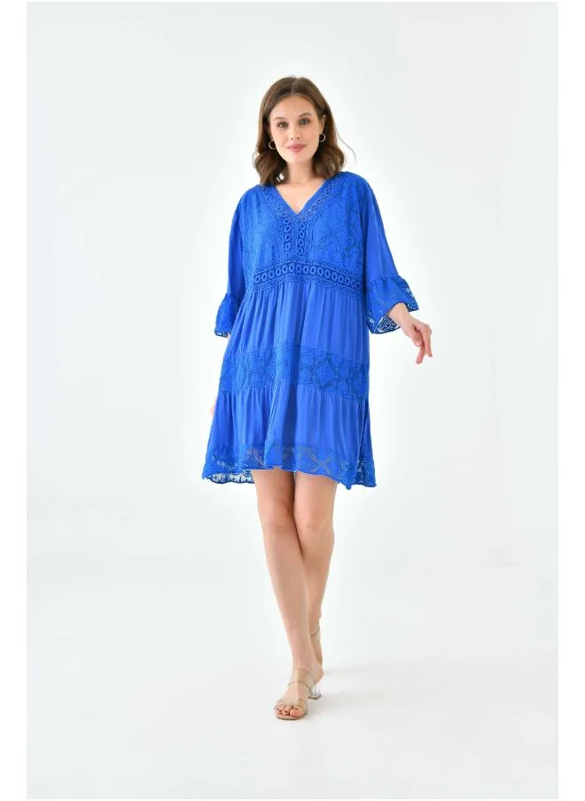 Hoxton Gal Lace Detail V-Neck Mini Dress with 3/4 Sleeves in Royal Blue