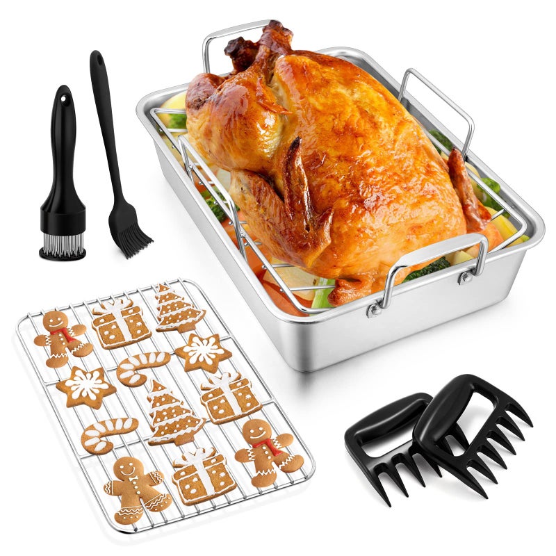 Roasting Pan with Rack for Turkey Chicken 7 Pcs Joyfair Stainless Steel Roaster Pan Set Deep Rectangular Lasagna Bakeware  Cooling Flat RackVrack Heavy Duty  Dishwasher Safe Small