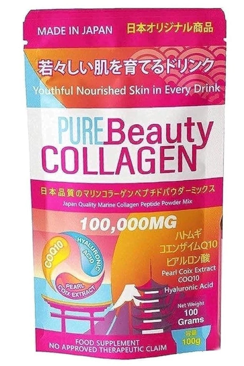 بيور بيوتي مزيج مسحوق ببتيد الكولاجين البحري عالي الجودة 100,000 ملغ، 100 غرام