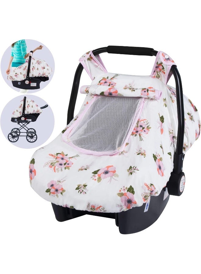 SMTTW Baby Car Seat Covers, Infant Car Canopy for Spring Summer Autumn Winter, Universal Fit, Snug Warm Breathable, Car Seat Canopy for Boys Girls (White Flower) - Image 1