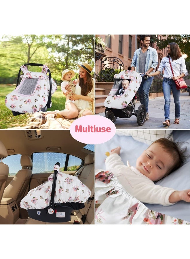 SMTTW Baby Car Seat Covers, Infant Car Canopy for Spring Summer Autumn Winter, Universal Fit, Snug Warm Breathable, Car Seat Canopy for Boys Girls (White Flower) - Image 2