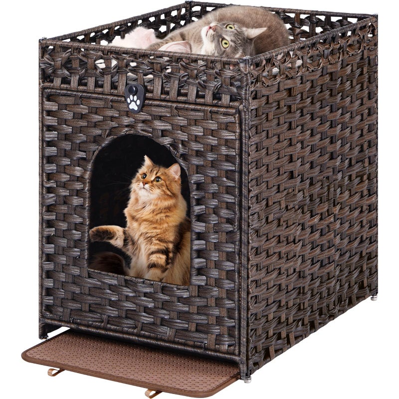Snughome Cat Litter Box Enclosure Furniture Hidden with Litter Mat, Hidden Cat Washroom Furniture with Door, Handwoven Rattan Cat Washroom Box, Indoor Pet House for Living Room, Bedroom (Brown) - Image 1