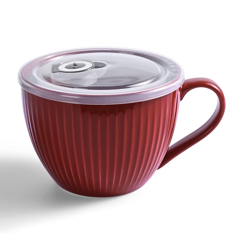 Hoilse Ceramic Soup Mug with Lid, 24oz Large Soup Cup with Handle, Microwave Soup Bowl for Breakfast Cereal, Oatmeal, Overnight Oats, Coffee, Salad, Dishwasher Safe,Housewarming Wedding Gift ,1PC (Red) - Image 1