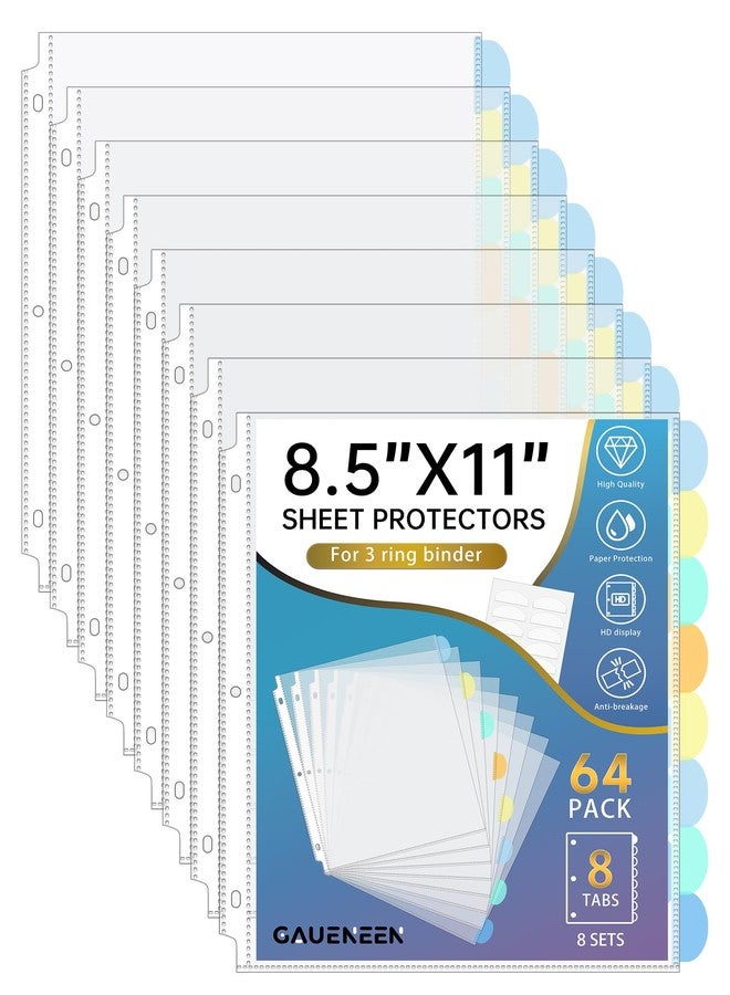 GAUENEEN 64 Pcs Clear Sheet Protectors with Tabs for 3 Ring Binder, Binder Dividers with 8 Tabs, Clear Plastic Notebook Page Dividers with Pockets, 8 Sets - Image 1