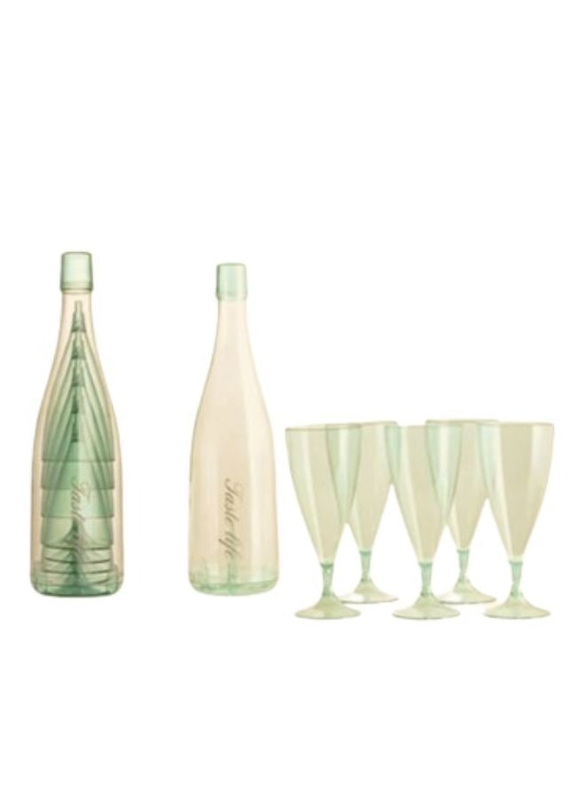 Portable Reusable Plastic Wine and Champagne Glasses Set of 5 Cups with Hard Storage Bottle (Green) 