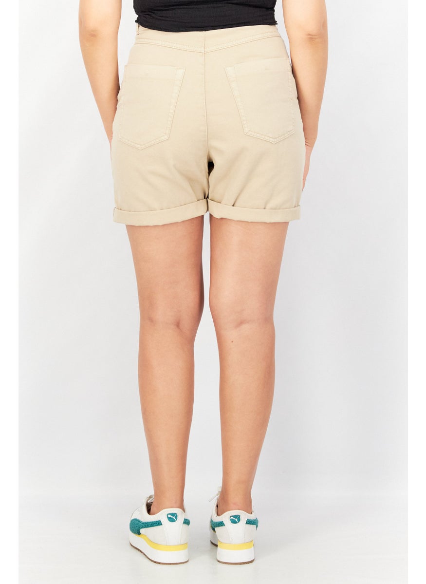 EDC Women Regular Fit Plain Belted Shorts, Beige  - Image 2