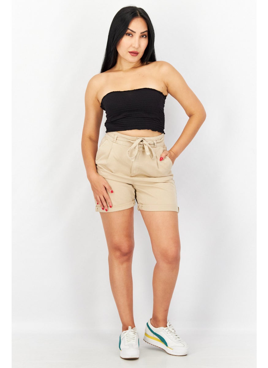 EDC Women Regular Fit Plain Belted Shorts, Beige  - Image 3