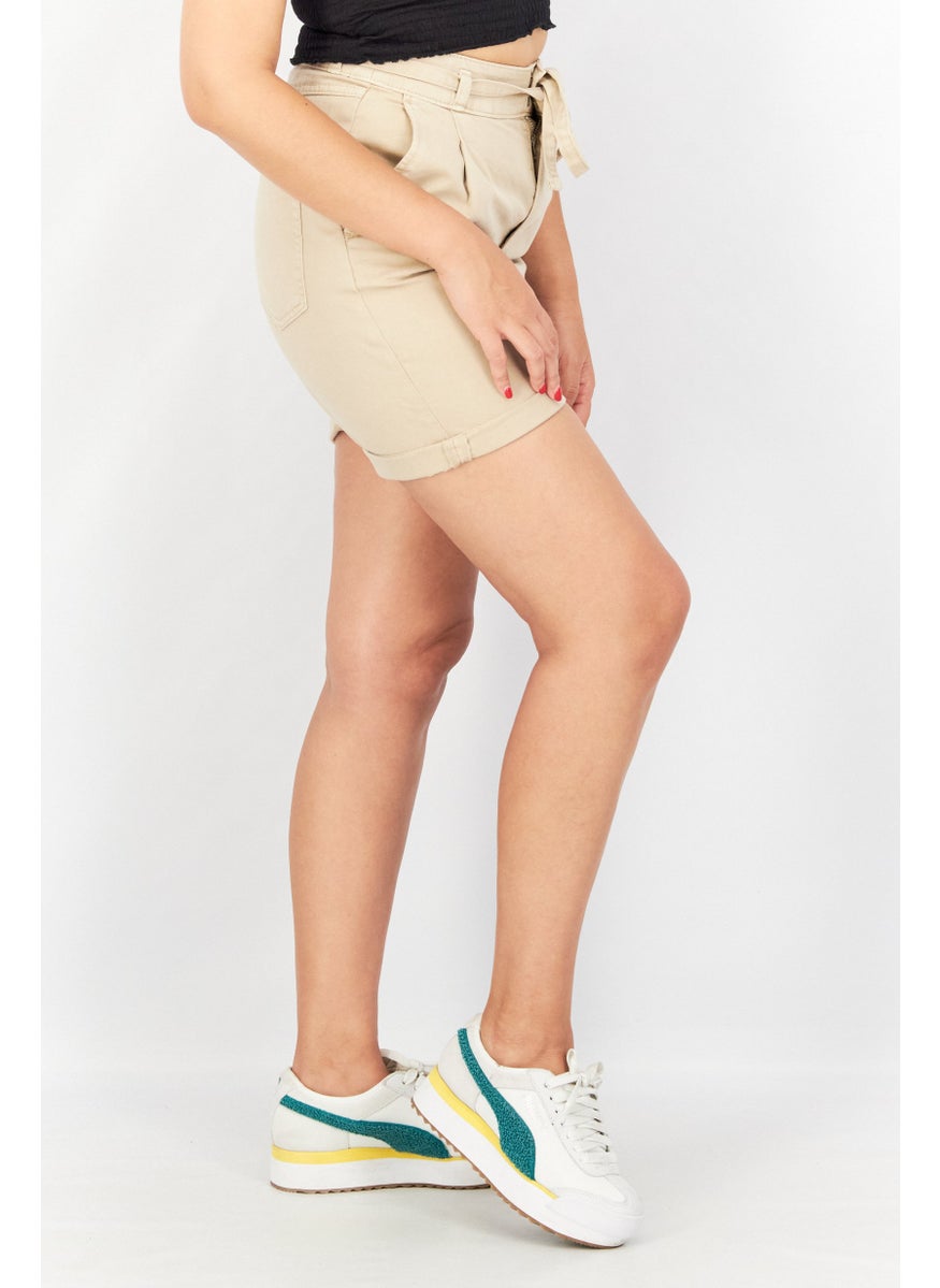 EDC Women Regular Fit Plain Belted Shorts, Beige  - Image 4