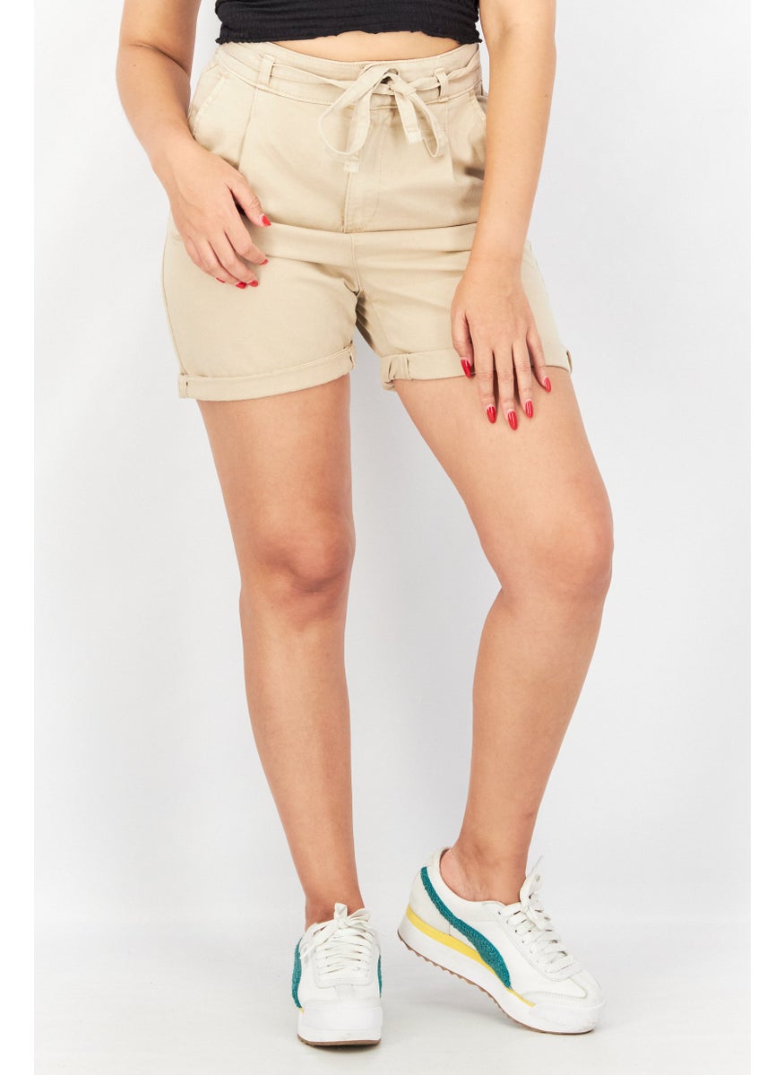 EDC Women Regular Fit Plain Belted Shorts, Beige  - Image 1