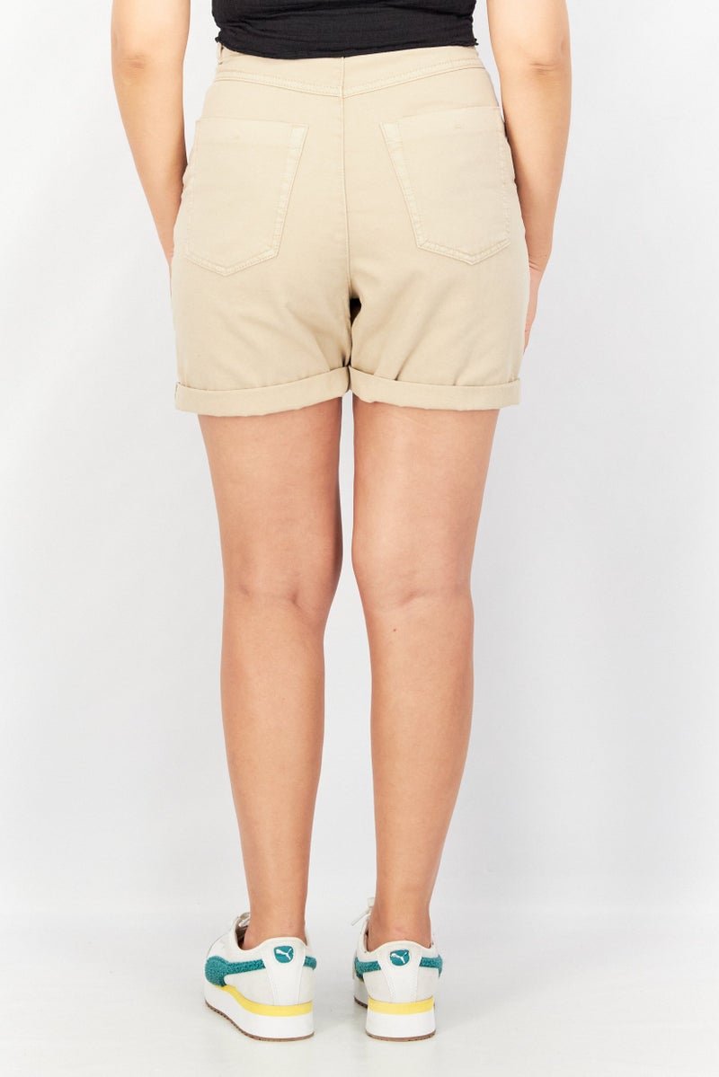 EDC Women Regular Fit Plain Belted Shorts, Beige - Image 2