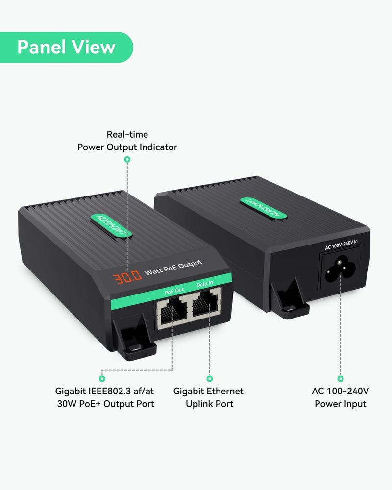 LINOVISION محقن جيجابت 30 واط PoE+ مع مدخل تيار متردد 100-240 فولت، طاقة وبيانات IEEE802.3af/at بقدرة 30 واط لكاميرات IP ونقاط الوصول وهواتف VoIP مع عرض قيمة الطاقة، ضمان لمدة 3 سنوات - Image 2