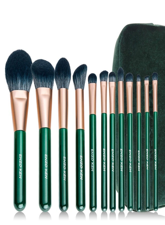 ENZO KEN Natural Fiber & Goat Hair Makeup Brush Set Professional, Combined Hair Makeup Brushes Set with Case, Green Cosmetic Brushes Makeup Set, Natural Makeup Brushes, Natural Bristle Makeup Brushes. - Image 1