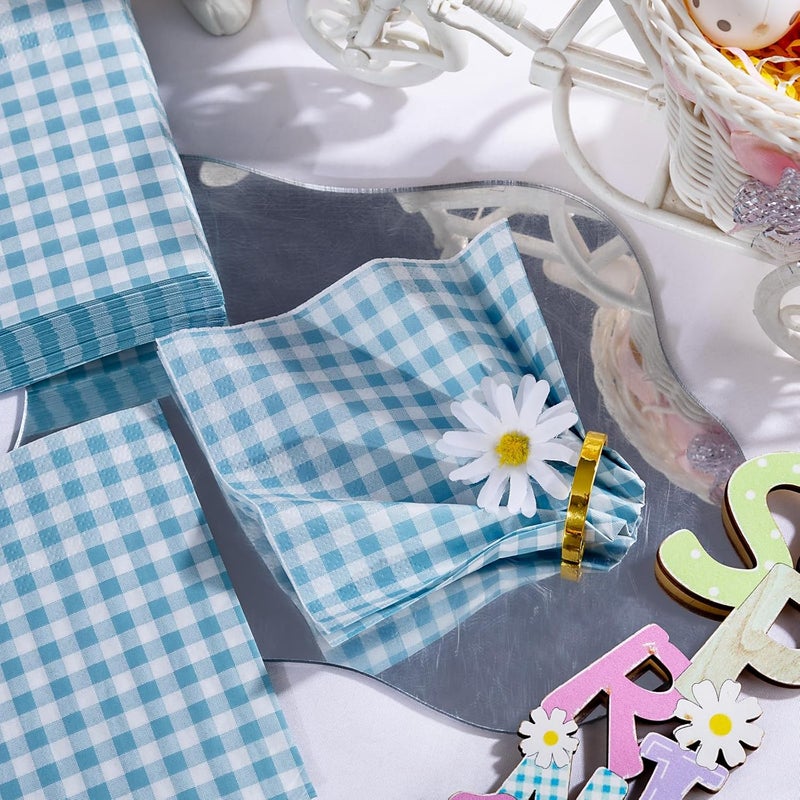 FLOWERCAT 100-Count 2-Ply Blue Checkered Cocktail Napkins Gingham - Blue and White Checkered Napkins Disposable Premium Quality - 5" x 5" Blue Paper Napkins for Easter Party,Bar,Weddings - Image 5