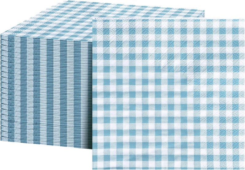 FLOWERCAT 100-Count 2-Ply Blue Checkered Cocktail Napkins Gingham - Blue and White Checkered Napkins Disposable Premium Quality - 5" x 5" Blue Paper Napkins for Easter Party,Bar,Weddings - Image 1