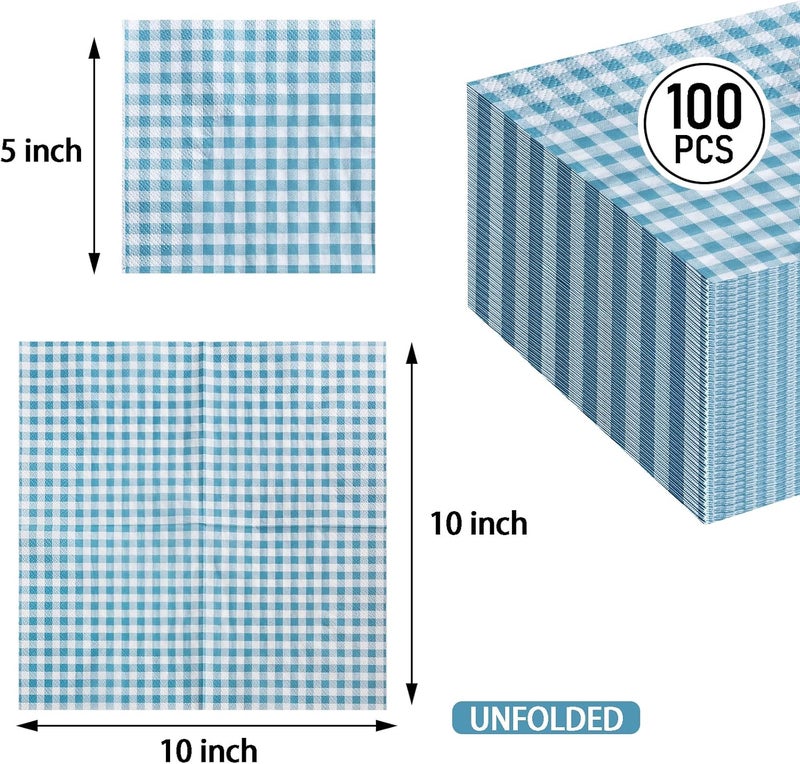 FLOWERCAT 100-Count 2-Ply Blue Checkered Cocktail Napkins Gingham - Blue and White Checkered Napkins Disposable Premium Quality - 5" x 5" Blue Paper Napkins for Easter Party,Bar,Weddings - Image 2