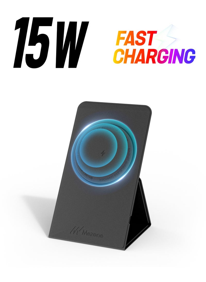 Mezone Wireless Charger, 15W Fast Wireless Charging Foldable Wireless Charger Stand for iPhone 15 14 13 12 11 X Pro Max Plus Mini, Black - Image 1