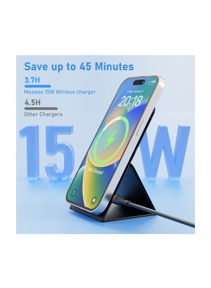 Mezone Wireless Charger, 15W Fast Wireless Charging Foldable Wireless Charger Stand for iPhone 15 14 13 12 11 X Pro Max Plus Mini, Black - Image 2