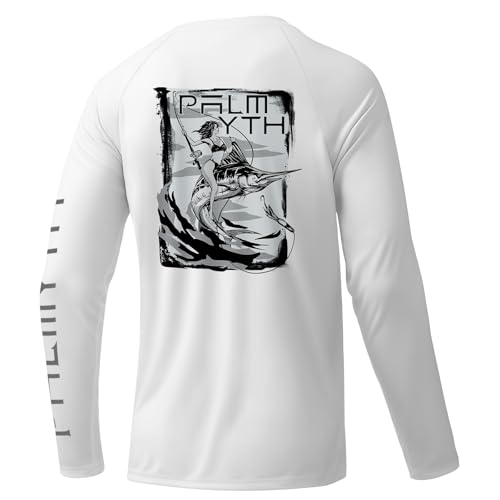 Palmyth Mens Fishing Shirts Long Sleeve Sun Protection Shirts UPF 50 Rash Guard TShirt Tee White Marlin Rider L - Image 1