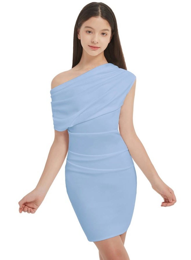 EXARUS Girls Bodycon Dress Tween Short Spaghetti Strap/Cowl Neck/One Shoulder Formal Party Dance Mini Tight Cute Dresses, Sky Blue-one Shoulder, 12 Years - Image 1