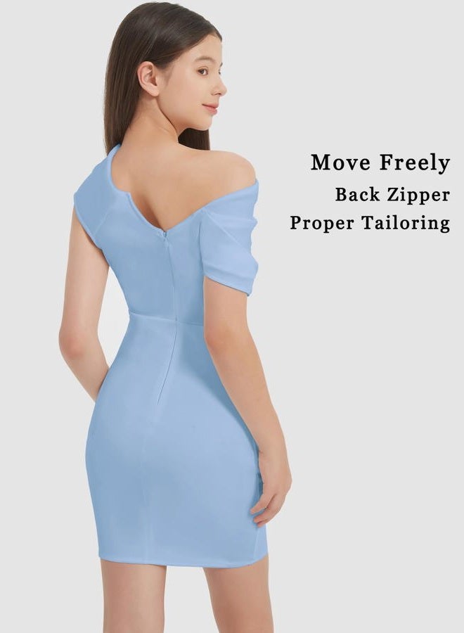 EXARUS Girls Bodycon Dress Tween Short Spaghetti Strap/Cowl Neck/One Shoulder Formal Party Dance Mini Tight Cute Dresses, Sky Blue-one Shoulder, 12 Years - Image 5