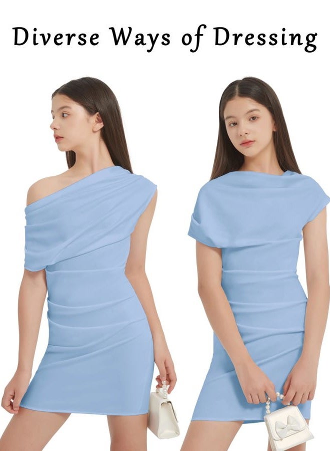 EXARUS Girls Bodycon Dress Tween Short Spaghetti Strap/Cowl Neck/One Shoulder Formal Party Dance Mini Tight Cute Dresses, Sky Blue-one Shoulder, 12 Years - Image 4
