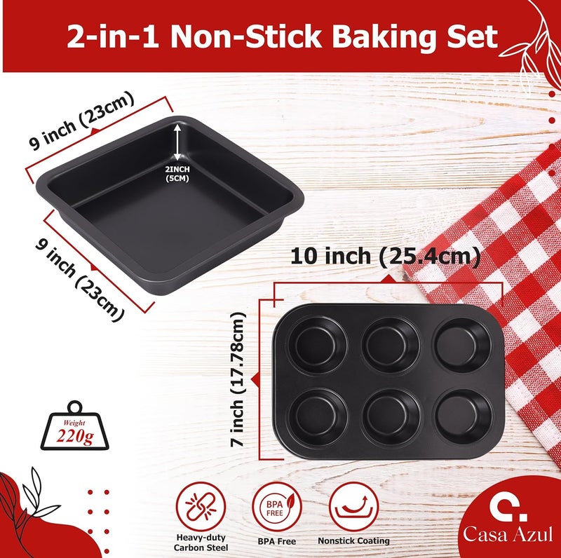 Casa Azul 2PCS NonStick Baking Tray Set 6Cup Muffin Tray 9 Square Cake Tins for Baking BPA Free HeavyDuty Carbon Steel Cake Pan Microwave OTG Oven Safe Cake Mould for Baking - Image 3