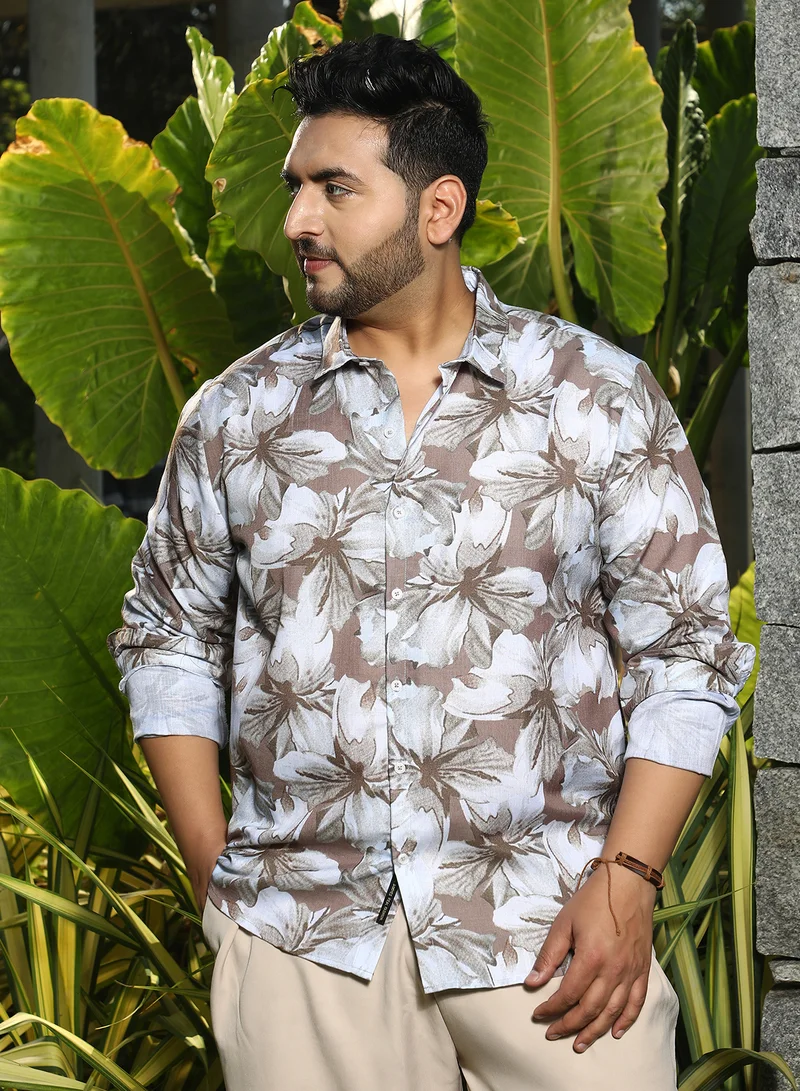 انستافاب بلس قميص رجالي مقاس بلس بلون بني موكا ورمادي قمر بنقشة زهور بياقة عادية وأكمام طويلة بأزرار