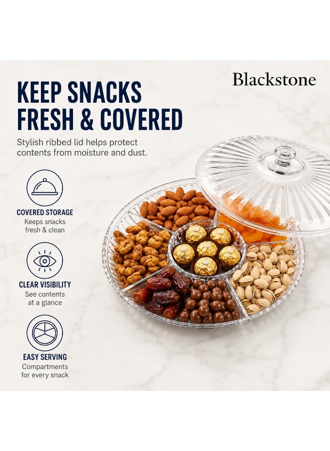 BLACKSTONE Clear Acrylic Multi-Compartment Snack Serving Tray with Lid, Round Candy, Nuts, Dry Fruit, Chocolate and Sweets Organizer with Centre Bowl - Image 2