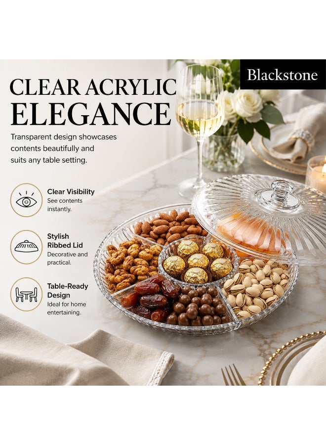 BLACKSTONE Clear Acrylic Multi-Compartment Snack Serving Tray with Lid, Round Candy, Nuts, Dry Fruit, Chocolate and Sweets Organizer with Centre Bowl - Image 4