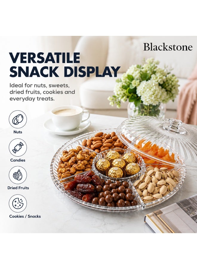 BLACKSTONE Clear Acrylic Multi-Compartment Snack Serving Tray with Lid, Round Candy, Nuts, Dry Fruit, Chocolate and Sweets Organizer with Centre Bowl - Image 3