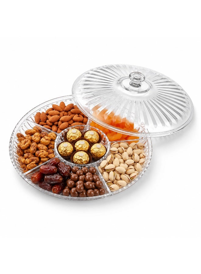 BLACKSTONE Clear Acrylic Multi-Compartment Snack Serving Tray with Lid, Round Candy, Nuts, Dry Fruit, Chocolate and Sweets Organizer with Centre Bowl - Image 1