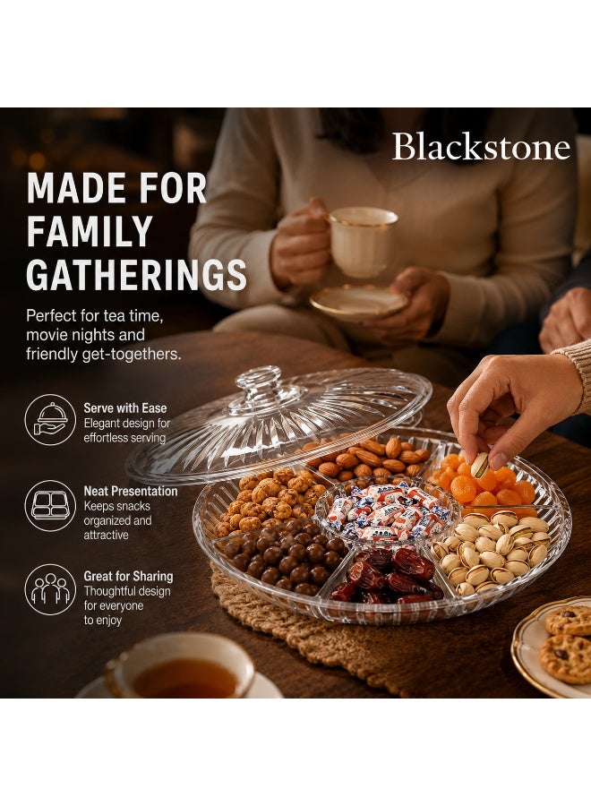 BLACKSTONE Clear Acrylic Multi-Compartment Snack Serving Tray with Lid, Round Candy, Nuts, Dry Fruit, Chocolate and Sweets Organizer with Centre Bowl - Image 5
