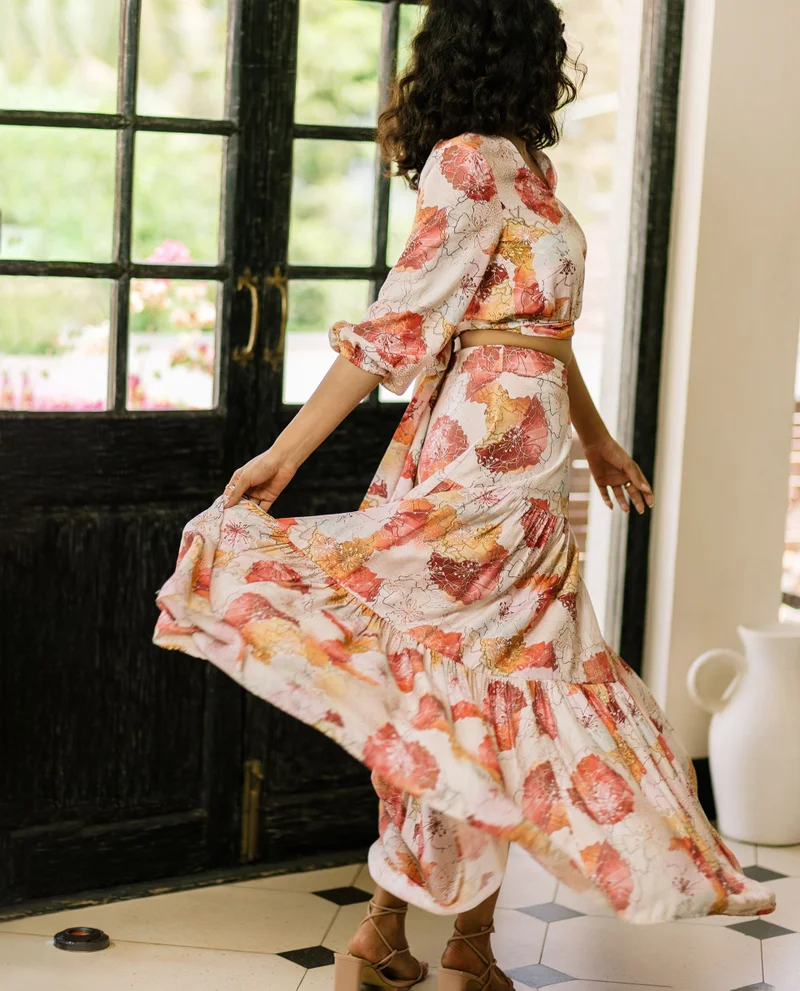 Rareism Women's Floral Printed Tiered Maxi Skirt