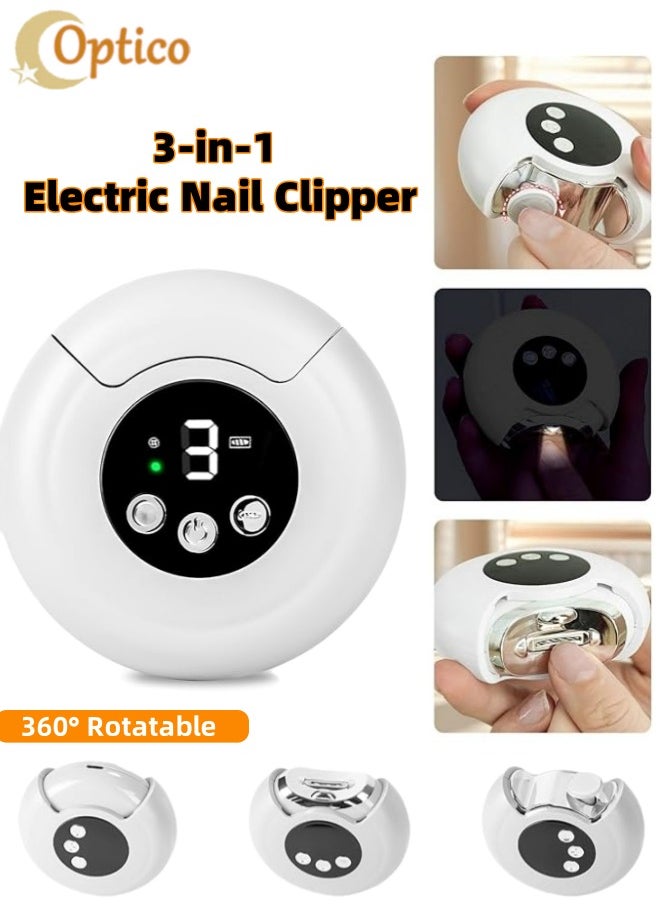 Optico Electric Nail Clipper, 360° Rotatable Baby Nail Trimmer 3-Speed Automatic Nail File with Light and Scrap Storage Box Fingernail Cutter and File and USB Charging 3 in 1 Design, for Baby, Kids, Adults, Elderly  - Image 1
