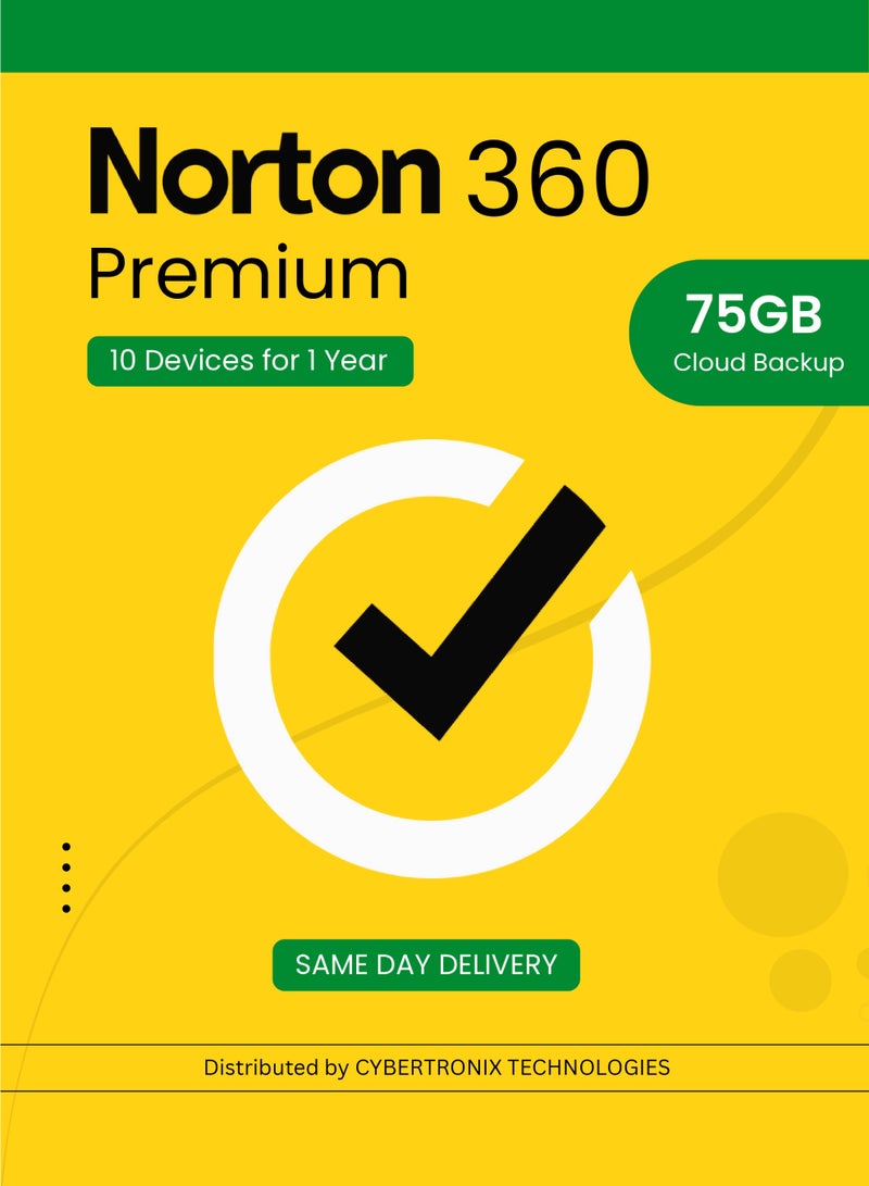 Norton 360 Premium | 10 Devices for 1 Year | 75GB Cloud Backup | PC / Mac® / Phones / Tablets | 2025 | Digital License | SAME DAY DELIVERY