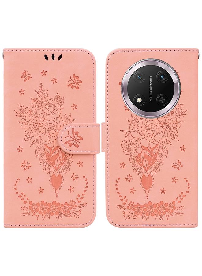 حافظة هاتف For Honor X9c من الجلد المنقوش بنقشة الفراشة الوردية (وردي)