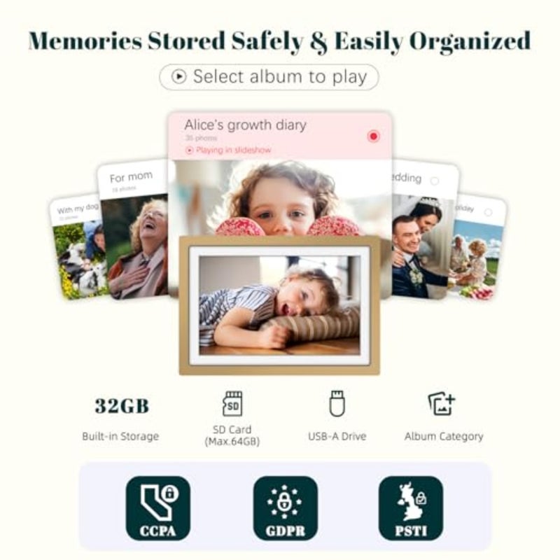 إطار صورة رقمي Frameo WiFi Sunset Gold إطار صورة 10.1 بوصة مع شاشة لمس IPS عالية الدقة 1280x800، مدمجة 32 جيجابايت، أرسل فيديو الصور عبر تطبيق Frameo/USB/SD، هدايا للنساء والرجال - Image 4