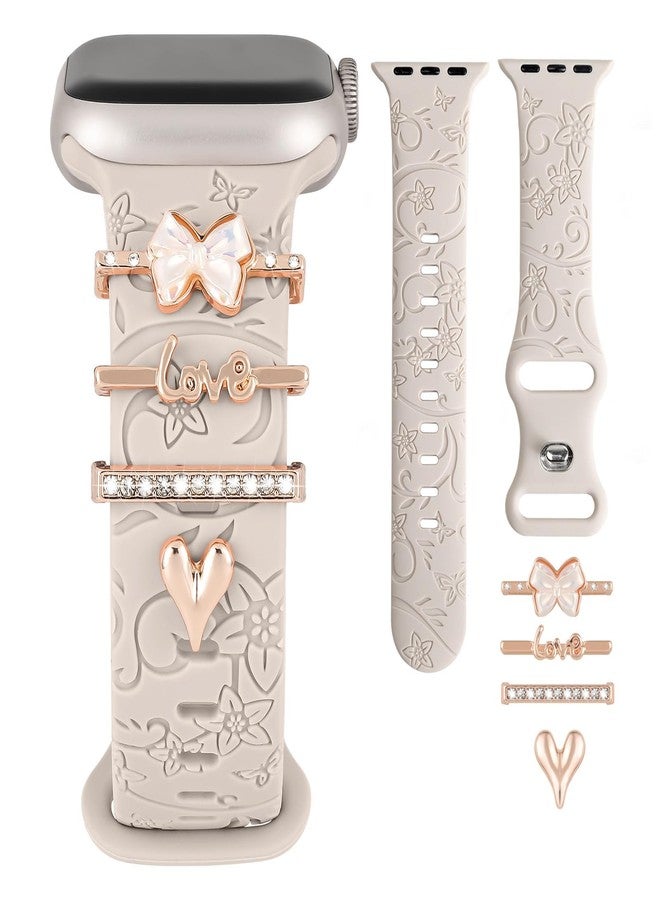 Wowstrap Floral Engraved Band for Apple Watch Bands 40mm for Women Men 41mm 38mm,Flower Soft Silicone Sport Band+Decorative Apple Watch Charms for iWatch Series 9 8 7 6 5 4 3 SE 2nd Ultra/2,Jewelry Loops Strap - Image 1
